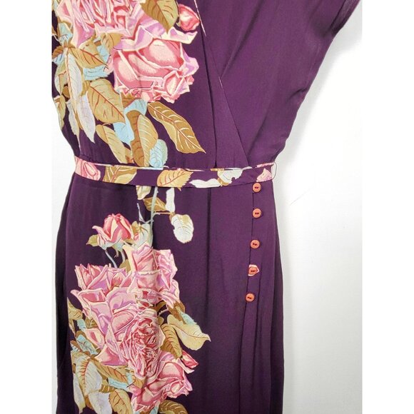 Depeche Mode Plum Floral Print Belted Faux Wrap Dress (Fits Like Medium) - Picture 3 of 5